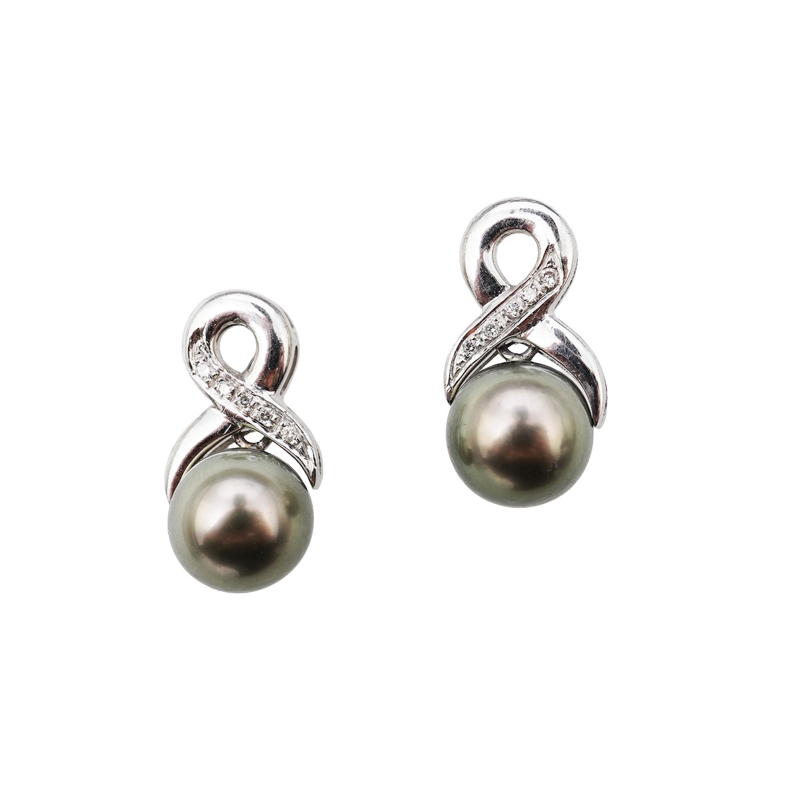 A pair of cultured pearl and diamond earrings